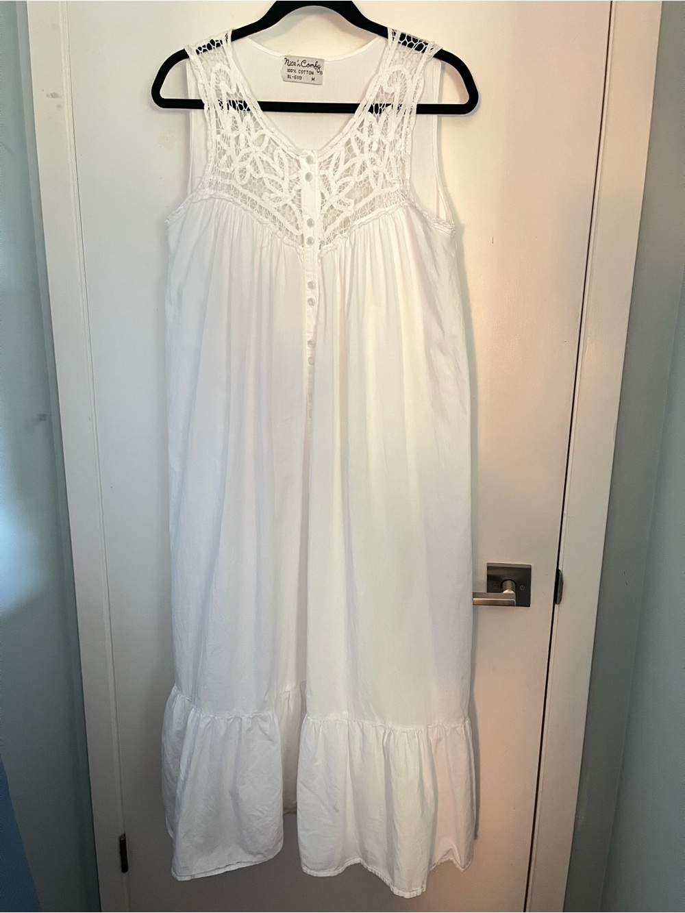 Sleeveless Cotton Lace-Yoke Nightgown - White